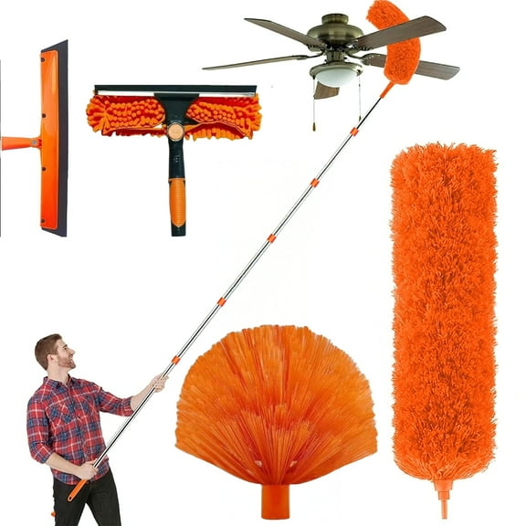 20FT High Reach Duster Kit with 3-12FT Splicable Extension Pole, Cobweb Duster, Window Squeegee & Scrubber, Spider Web Brush, Feather Duster for High Ceilings & Windows