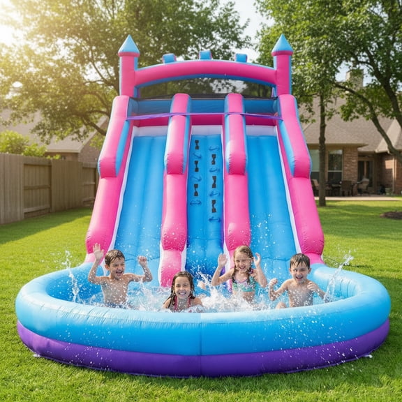 20FT Inflatable Kids Water Slide with Dual Lanes, Climbing Wall & Splash Pool Backyard Fun for Kids, Fits Up to 6 Children (Purple & Pink)