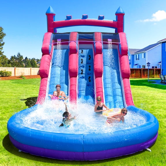 20FT Inflatable Kids Water Slide with Dual Lanes, Climbing Wall & Splash Pool  Backyard Fun for Kids, Fits Up to 6 Children (Purple & Pink)