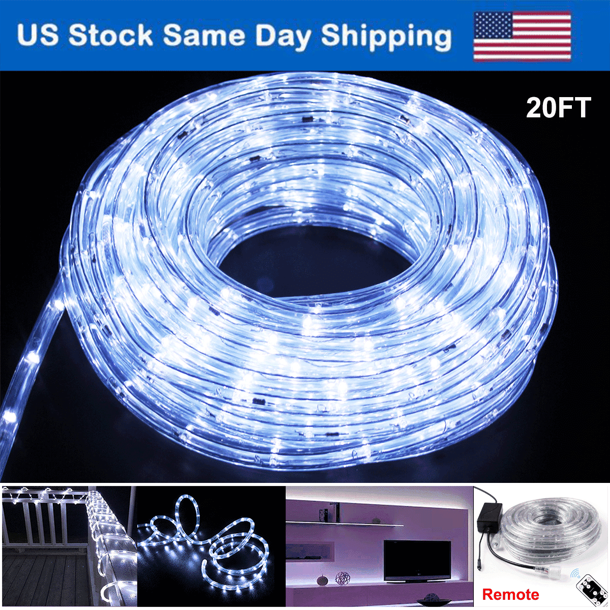20FT LED Rope Lights Flexible Light 110V Indoor Outdoor w/ Remote ...