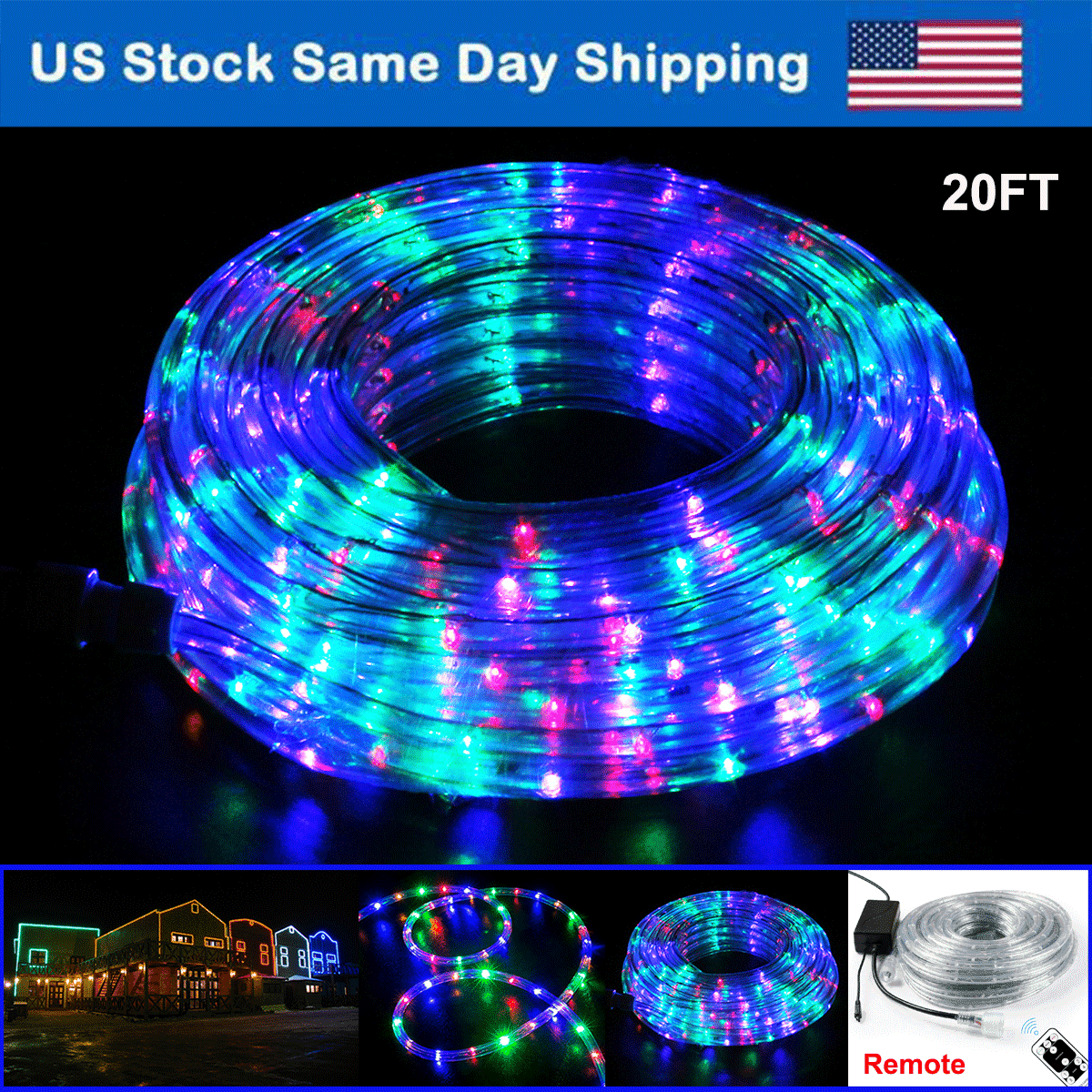 20FT LED Rope Lights Flexible Remote Light 110V Indoor Outdoor Decor Multicolor for Cinco de mayo Xmas Party Holiday Home Decor