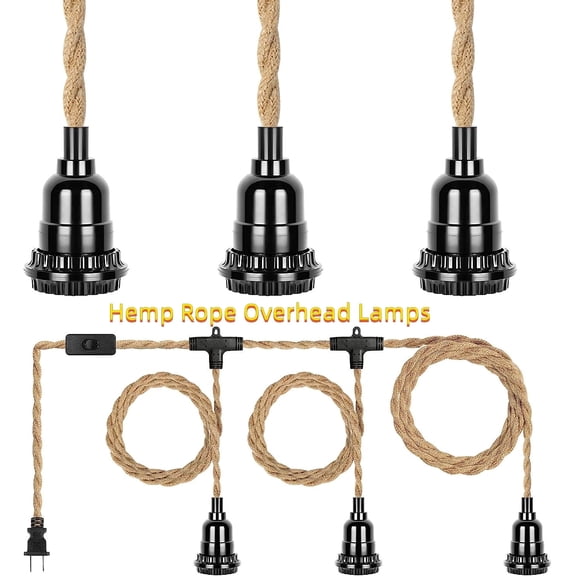 20FT Pendant Lamp Lights Cord with Switch Cord E26 Bulbs Socket, Industrial DIY Twisted Hemp Rope Overhead Lamps for Farmhouse Bedroom Home Lighting Decors（Bulbs NOT Included)