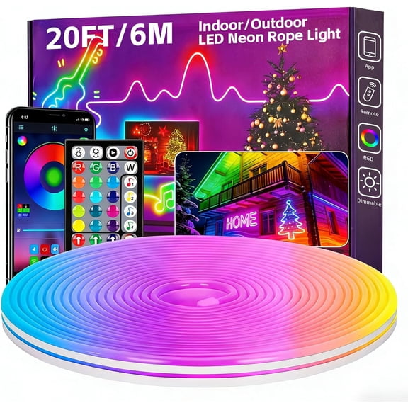 20FT RGB LED Neon Rope Lights, App & Remote Control, Flexible Waterproof IP65 Led Strip Lights, Music Sync Color Changing Multiple Modes Neon Lights for Bedroom Gaming Room Indoor & Outdoor Decor