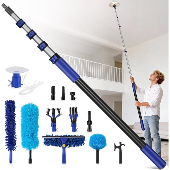 20FT Reach Light Bulb Changer for High Ceilings with 3.4-12.4FT Telescopic Extension Pole, 11PCS Reusable High Ceiling Fan Duster Kit for Recessed Lights, High Ceiling Window Cleaning