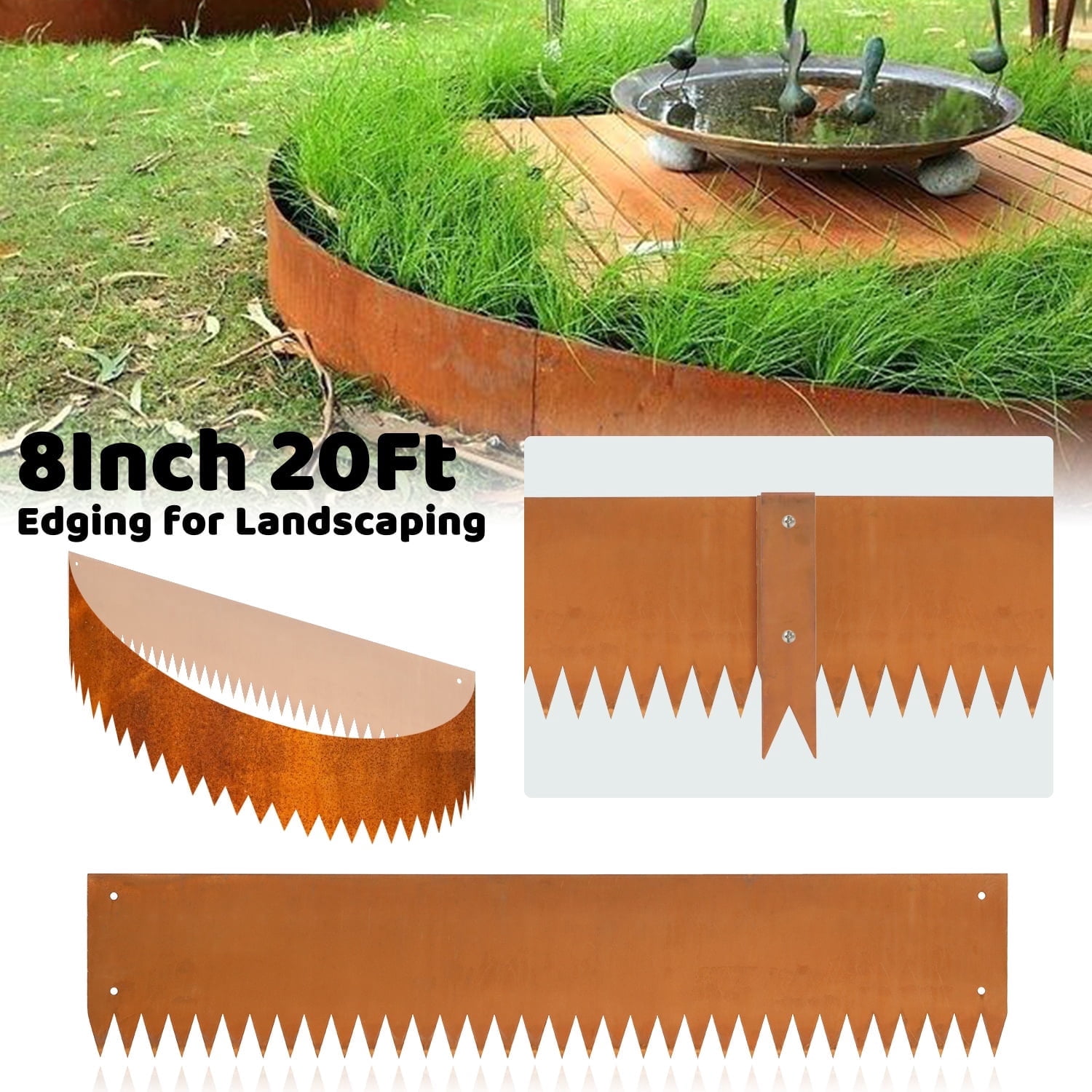 20FT Corten Steel Garden Edging, 8" Rusted Iron - Bendable Landscape Border for Flower Beds, Lawn/Yard, Hammer-in Design