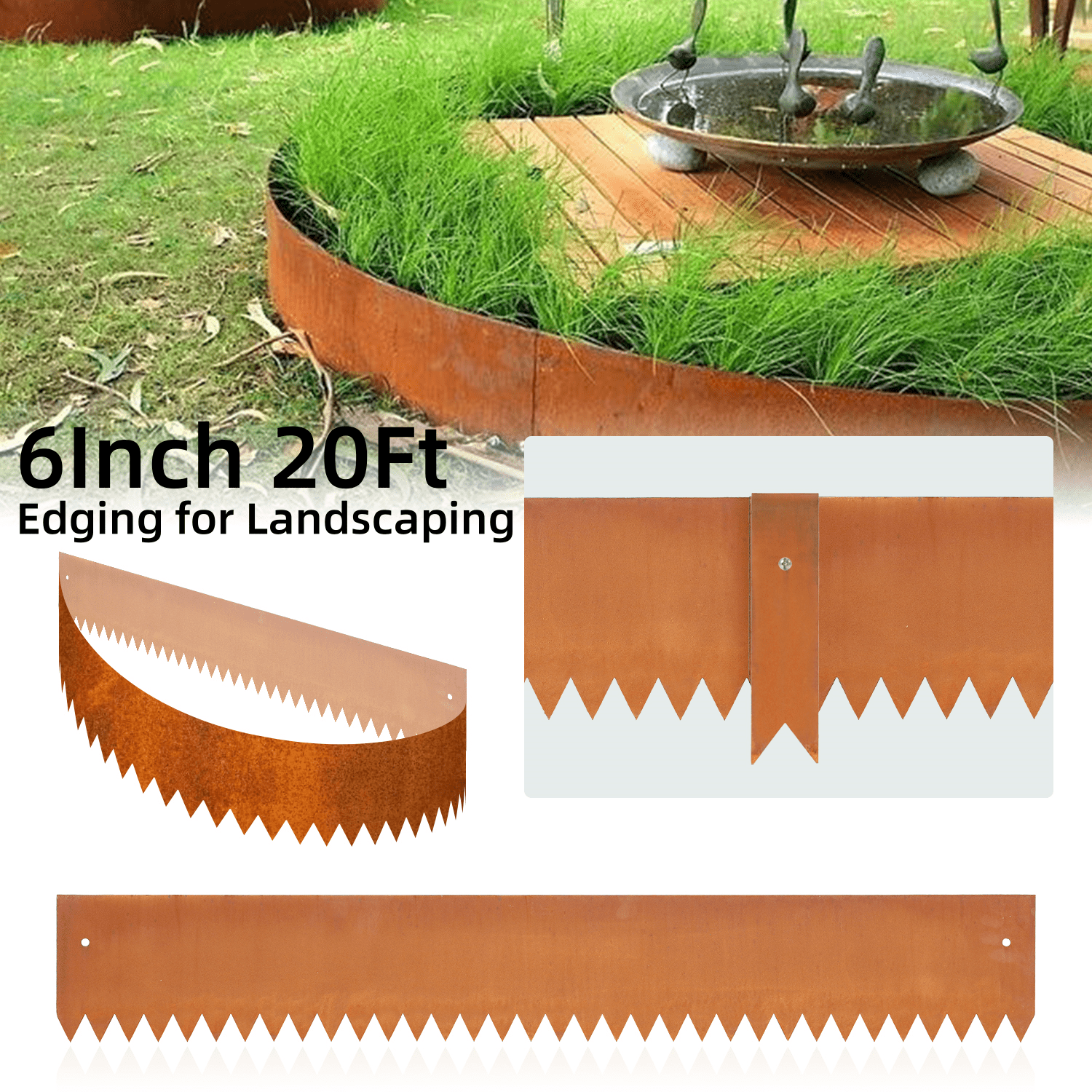 20FT Silver Edging for Landscaping Metal Corten Steel Garden Divider Flower Bed Fence DIY Landscape Strips Bendable Stakes Edge for Pathway Lawn Grass Plant Yard Outdoor Hammer-in, 6"