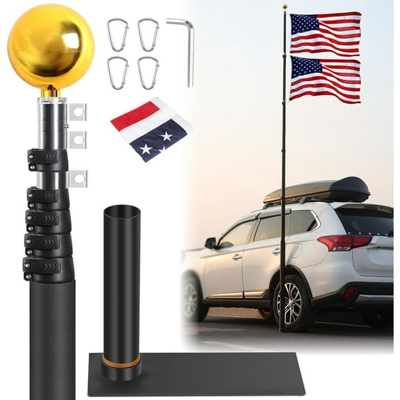 20FT Tailgate Flag Pole with Tire Mount,Portable Flag Pole with 20" Car Scratch-Proof Protective Tube,Thickened Aluminum Flag Pole with US Flag for Camping,60 MPH,Dual Flag Mount