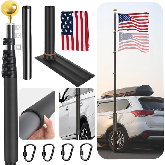 20FT Tailgate with Tire Mount, Fits RV Pickup SUV Sedan, Portable RV with 20" High-Density Foam Protective Tube, Thickened Aluminum with an Flag, 80 MPH, Dual Flag Mount