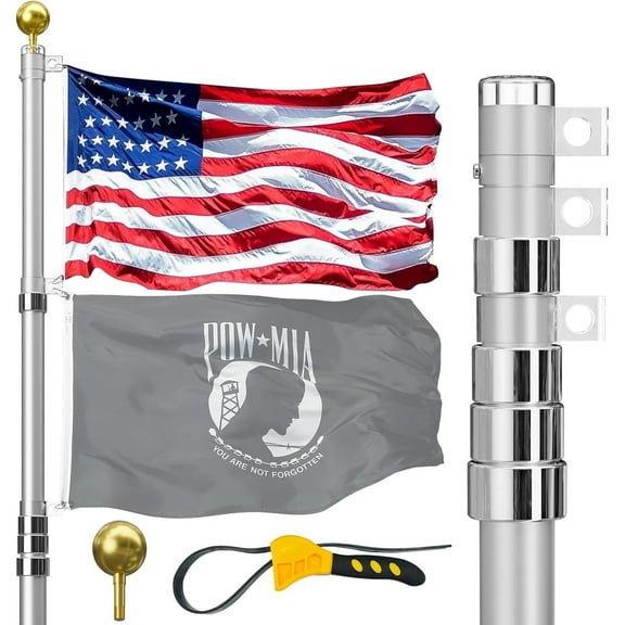 20FT Telescoping Flag Pole for Outside House, Extra Thick Telescopic Flagpole with USA Flag, Inground Outdoor Use, Camper RV, Residential & Commercial, Complete Hardware & Top Ball (Silver)