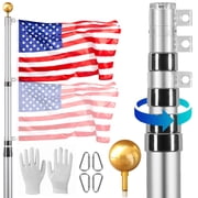 20FT Telescoping Flagpole Kit,Heavy Duty In-Ground Aluminum Alloy Outdoor Flagpole with 3x5 American Flag,3 Display Modes&Pro Accessories,Silver Finish