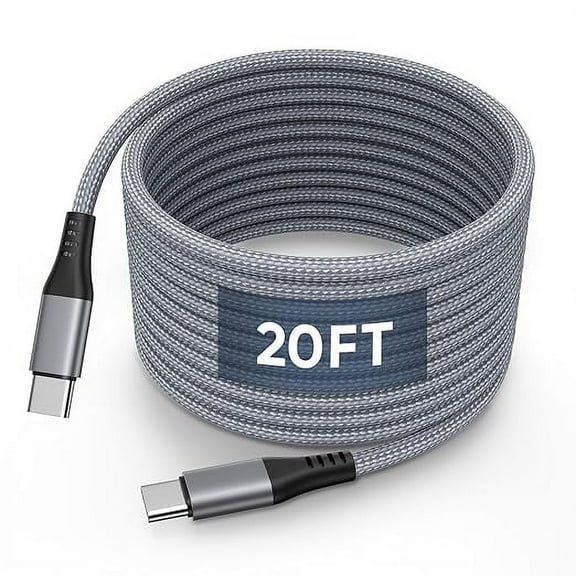 20FT USB-C to USB-C Fast Charging Cable, 60W PD, Nylon Braided, Compatible with iPhone 15 Pro Max, Galaxy, iPad Pro, Switch, Pixel & More – Gray