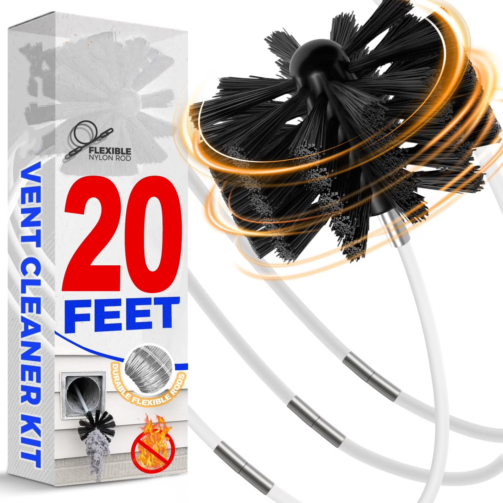 20Feet Dryer Vent Cleaner Kit , Dryer Vent Hose Cleaning Brush , Flexible Dryer Lint Remover , Synthetic Brush Head Use with or Without a Power Drill