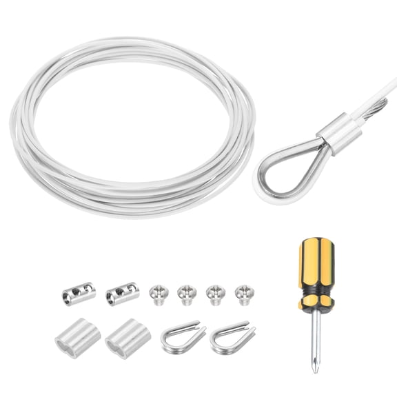 20Ft(6M) Wire Rope 304 Stainless Steel Cable 1/8"(3mm) Vinyl Coated with 1pcs Cable Clamp, Aluminum Sleeves and Thimble for Hanging, Clotheslines, Lifting White