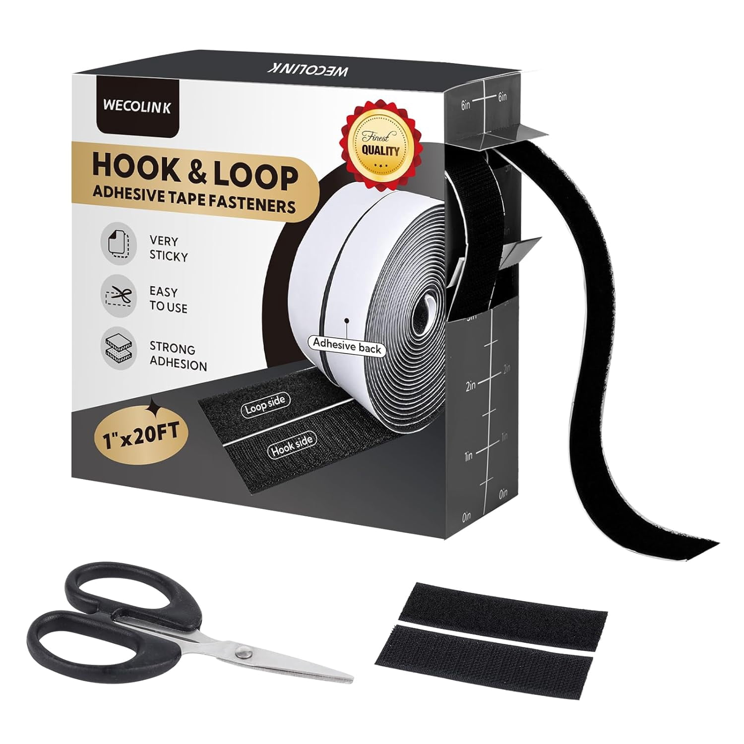 20Ft x 1 Inch Hook and Loop Tape Strips with Adhesive, Heavy Duty Sticky Back Nylon for Home, Office, School, Crafting & DIY Projects, Double Sided - Adhesive Fastening