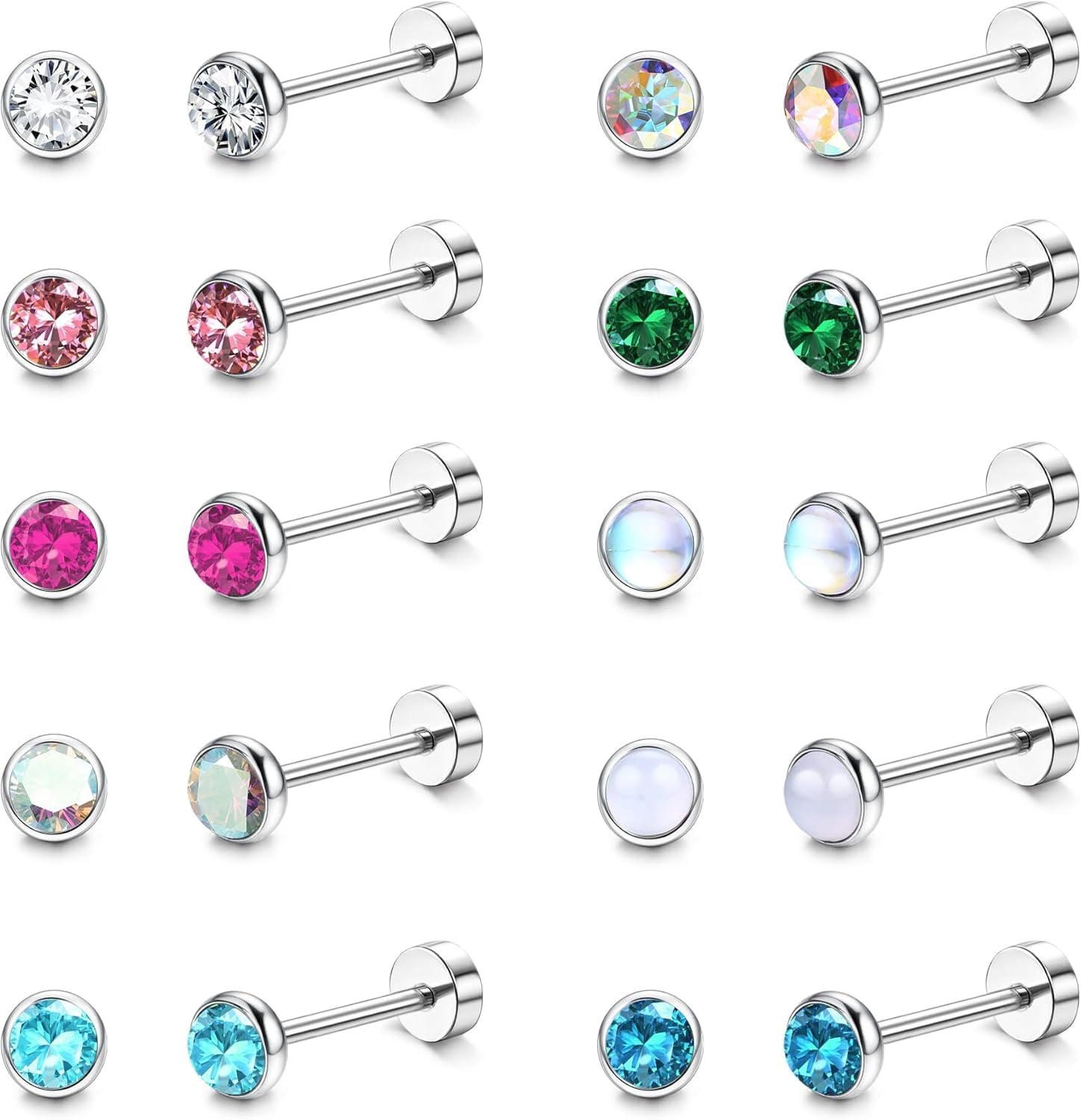 20G 10Pairs Flat Back Earrings for Women Men 316L Surgical Steel Stud Earring for Sensitive Ears Cubic Zirconia Opal Skin-Dependable Cartilage Earring Piercing Jewelry[o151]