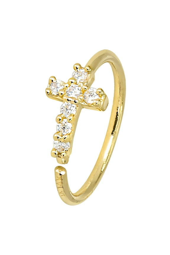 20G 14K Yellow Gold Cross CZ Nose Hoop Ring Twist-open 5/16"(8mm) Unisex Nose Ring CZ Stones 14KNH37CRS-CZYG
