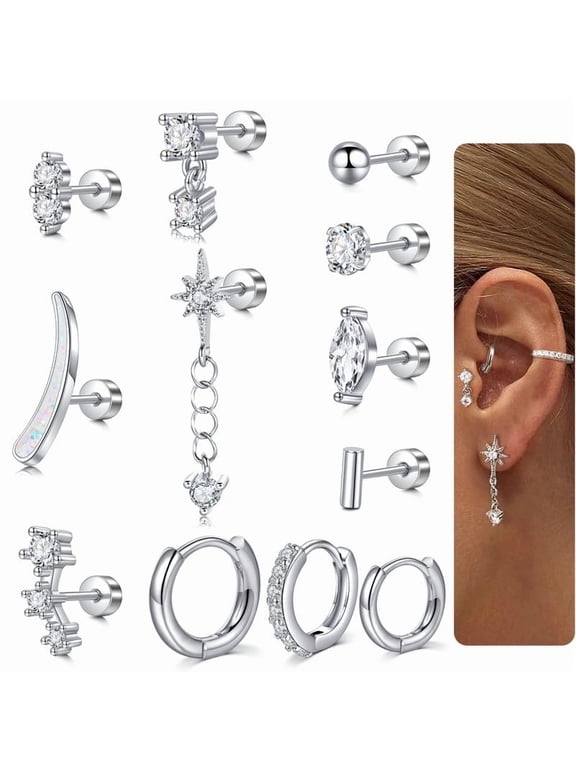 20G Cartilage Earrings for Women Flat Back Earrings Hypoallergenic Surgical Steel Small Flatback Stud Hoop Cartilage Earring Stacks Helix Conch Tragus Daith Piercing Jewelry 12 PCS