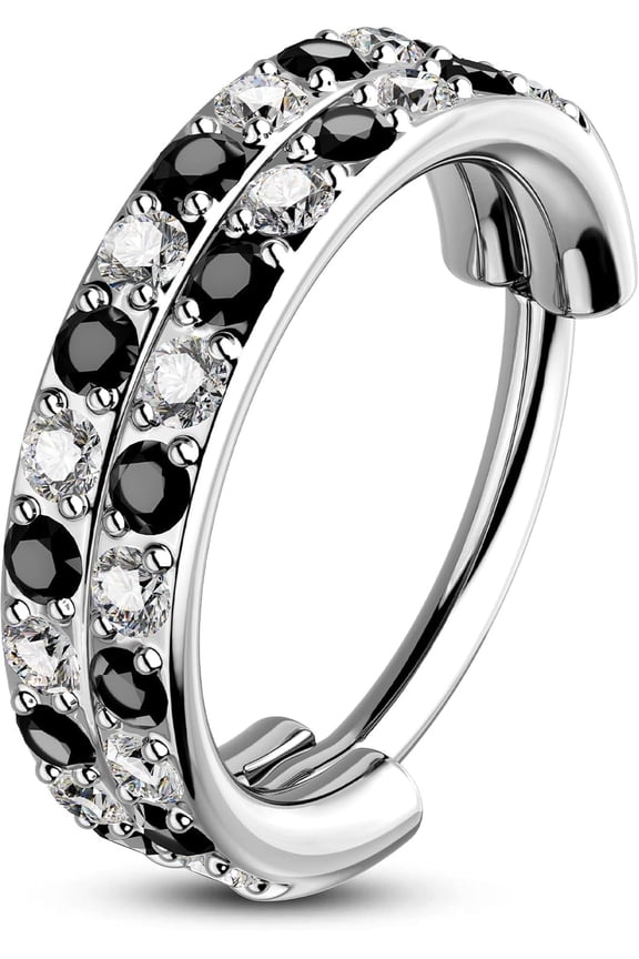 20G Checkerboard Nose Rings For Women, 316L Surgical Steel Nose Rings Hoops, Black and Clear Crystal Double Hoop Hinged Segment Septum Conch Helix Lip Body Piercing Jewelry-20g7mm-gold