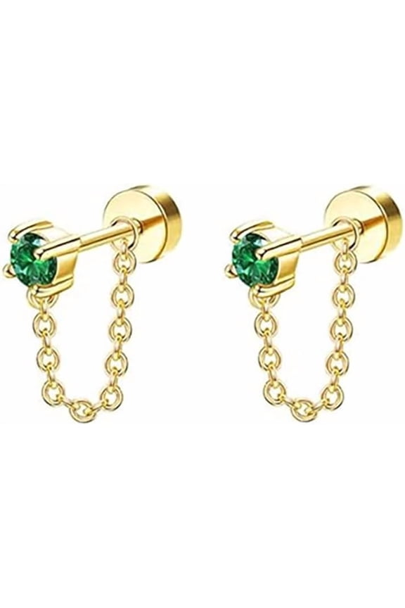 20G Emerald CZ Chain Dangle Cartilage Stud Earrings for Women Stainless Steel Conch Helix Tragus Flat Back Earrings Studs Labret Lip Rings Cartilage Piercing Jewelry[e7082]