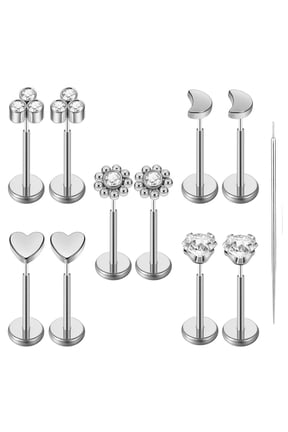20G Flat Back Earrings Stud 316L Surgical Steel Nose Stud Rings Threadless Tragus Labret Cartilage Medusa Conch Body Piercing Jewelry Hypoallergenic for Women Men 5Pairs Silver