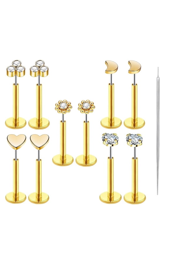 20G Flat Back Earrings Stud 316L Surgical Steel Nose Stud Rings Threadless Tragus Labret Cartilage Medusa Conch Body Piercing Jewelry Hypoallergenic for Women Men 5Pairs Gold