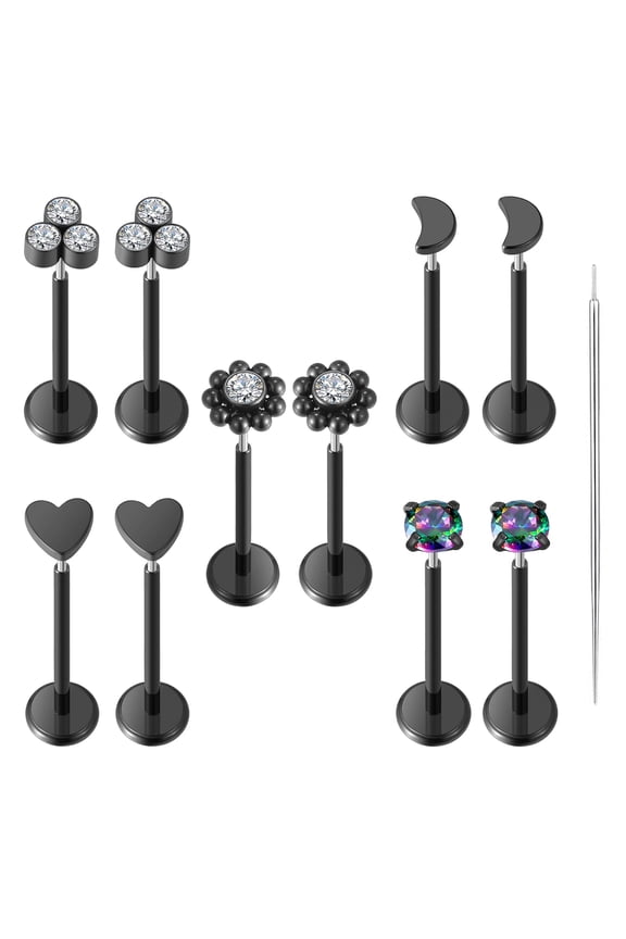 20G Flat Back Earrings Stud 316L Surgical Steel Nose Stud Rings Threadless Tragus Labret Cartilage Medusa Conch Body Piercing Jewelry Hypoallergenic for Women Men 5Pairs Black