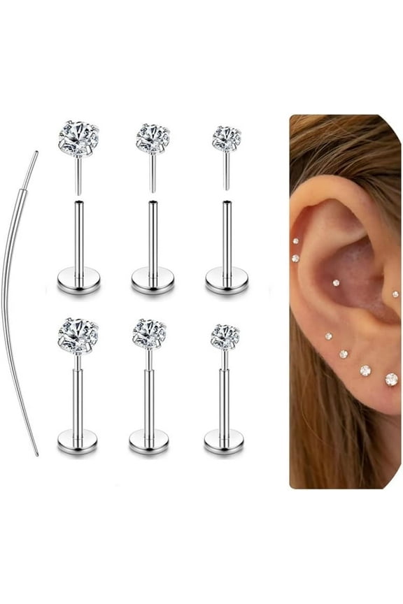 20G Flat Back Earrings Stud Threadless Tragus Labret Cartilage Lip Medusa Conch Body Piercing Jewelry Hypoallergenic for Women Men