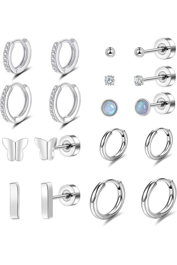 20G Flat Back Stud Earrings Hoop Set for Women Surgical Stainless Steel Earrings Small Ball Pearl Cz Opal Cartilage Earrings Hoop Stud for Helix Piercing First Second Third Hole[a087]