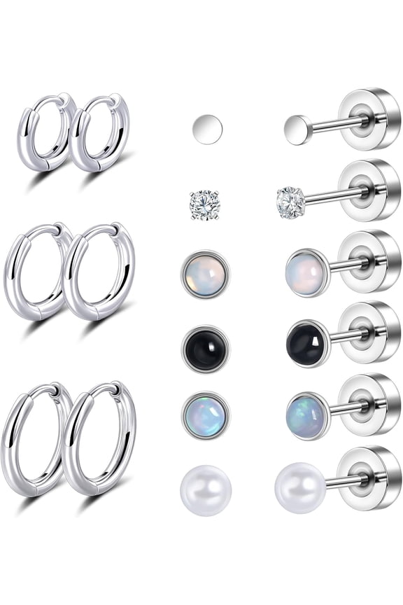 20G Flat Back Stud Earrings Hoop Set for Women Surgical Stainless Steel Earrings Small Ball Pearl Cz Opal Cartilage Earrings Hoop Stud for Helix Piercing First Second Third Hole[t900]