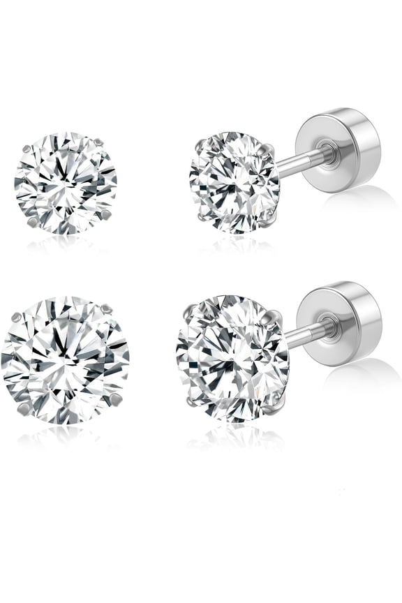 20G G23 Titanium Flat Back Stud Earrings, Silvery Tragus Labret Cartilage Helix Body Piercing Jewelry of 4-6MM Cubic Zirconia for Women Men