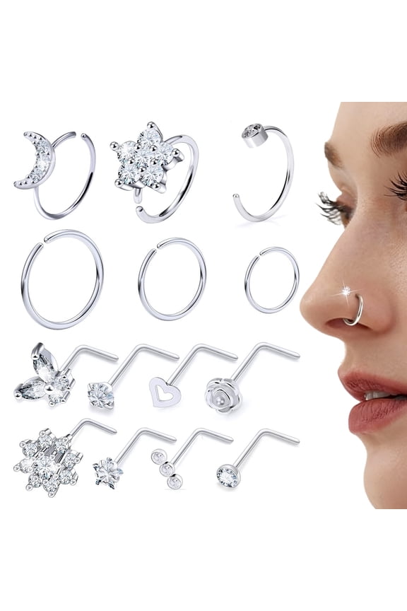 20G Gold Nose Rings Set for Women Men - Hypoallergenic Surgical Steel, Tiny CZ L-Shaped & Corkscrew Studs 16pcs