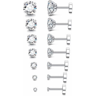20G Hypoallergenic Flat Back Earrings for Women Men Silver Stainless Steel Stud Earrings Brithstone Cubic Zirconia Studs Surgical Steel Cartilage Earrings for Sensitive Ears