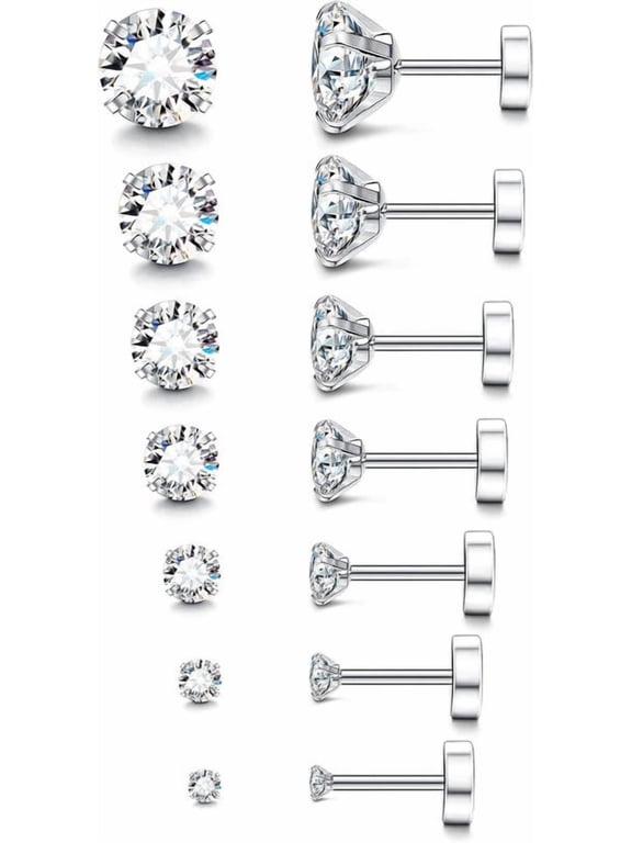 20G Hypoallergenic Flat Back Earrings for Women Men Silver Stainless Steel Stud Earrings Brithstone Cubic Zirconia Studs Surgical Steel Cartilage Earrings for Sensitive Ears