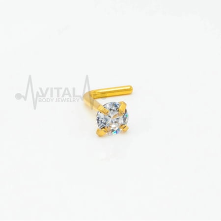 20G L Shaped Nose Stud with Colorful Gems, 3mm Cubic Zirconia Clear Gem, Surgical Steel