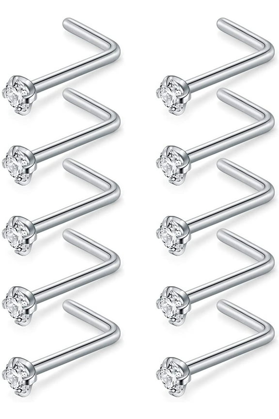 20G L Shaped Nose Studs 1.5mm Round White CZ Nose Rings Stud Briana Williams Piercing Jewelry