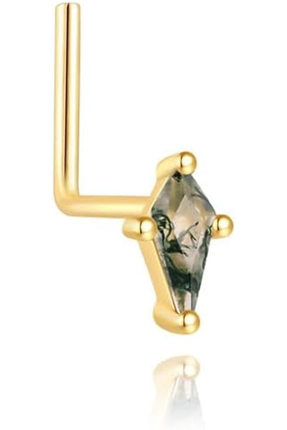 20G Natural Moss Agate Stone Nose Ring for Women 925 Sterling Silver L Shaped Nose Stud CZ Hypoallergenic Noses Piercings Jewelry