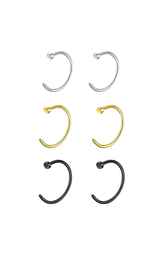 20G Nose Rings Hoops for Women Men, 6PCS Open C-Shape Nose Hoop Set, 8mm ID Flat Disc End, 316L Stainless Steel, Silver Gold Black