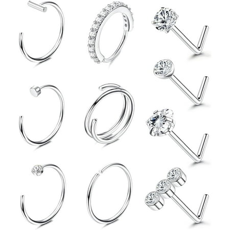 Briana Williams Hoop Screw Cubic Zirconia Surgical Steel 20G Nose Piercing Jewelry Set, 10