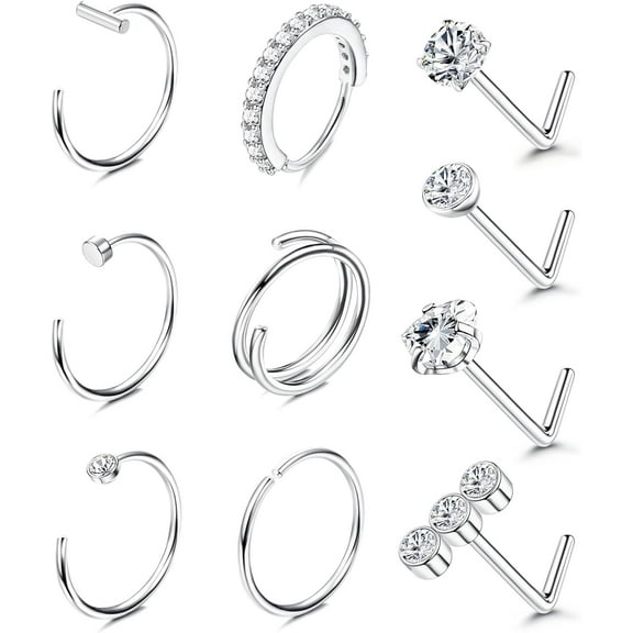 Briana Williams Hoop Screw Cubic Zirconia Surgical Steel 20G Nose Piercing Jewelry Set, 10