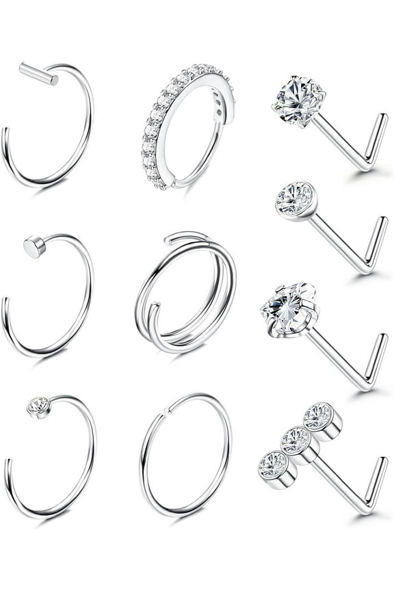 Hoop Screw Cubic Zirconia Surgical Steel 20G Nose Piercing Jewelry Set, 10