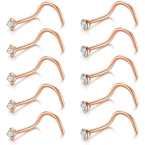 Briana Williams 20G Rose Gold Corkscrew for Women's CZ Nose Rings Screw Studs
