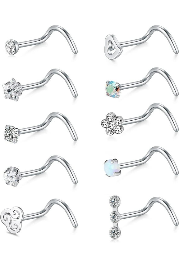 20G Silver Corkscrew Nose Rings for Women CZ Nose Rings Briana Williams Screw Studs