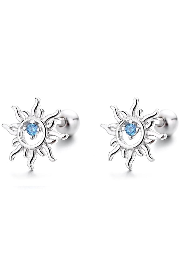 20G Sun Tiny Stud Earrings Sterling Silver Blue CZ Crystal Cartilage Tragus Earring Studs for Women