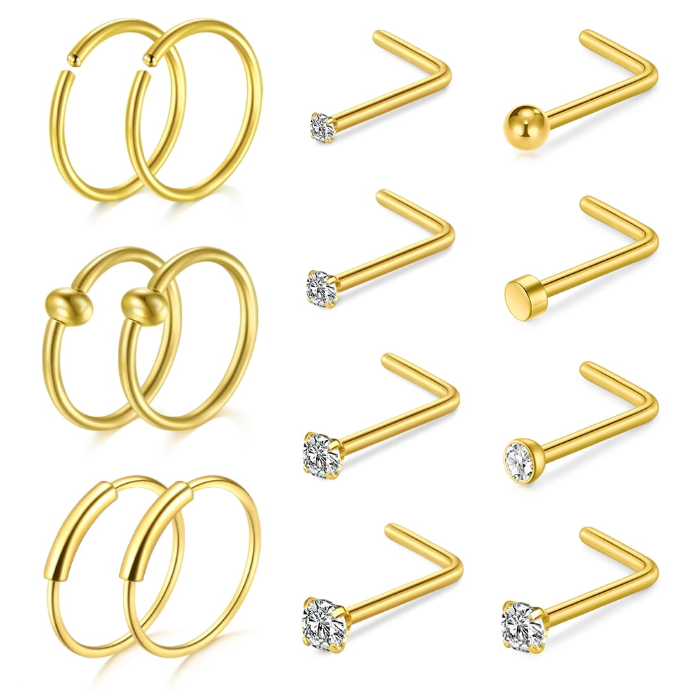 20G Surgical Steel Nose Rings Hoop CZ L Shaped Hypoallergenic Tiny CZ