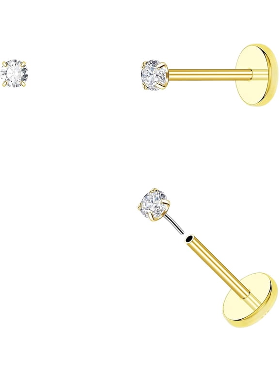 20G Threadless Flat Back Earrings hypoallergenic Titanium Small Stud Earrings Push-In CZ Nose Studs for Women Men Labret Cartilage Helix Conch Medusa Monroe Tragus Piercing Jewelry