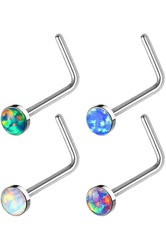 20GA Synthetic Opal Set Flat Top PVD Over 316L Surgical Steel L Bend Stud Nose Rings