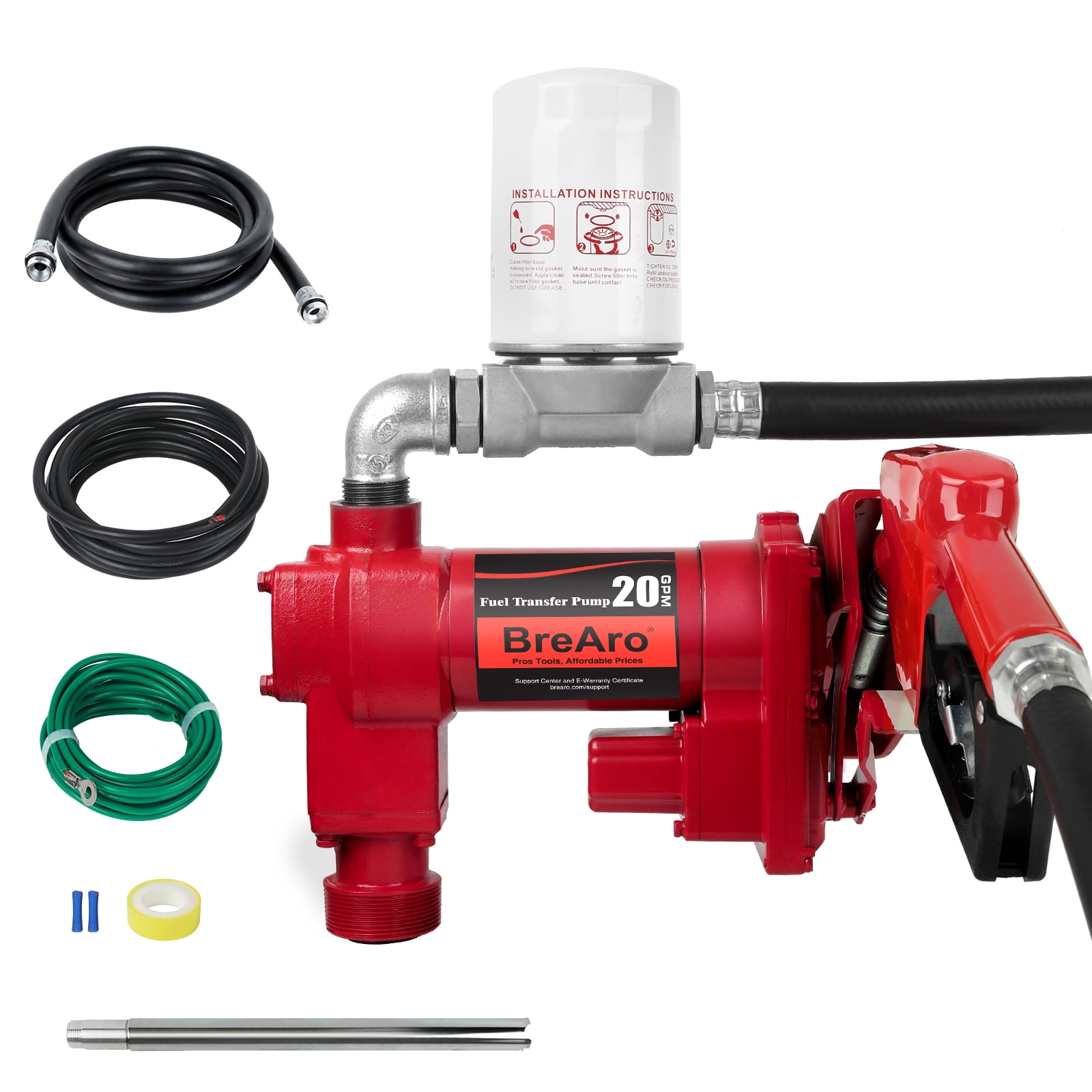 20GPM 12V DC Fuel Transfer Pump with Premium Filter, High Flow Gasoline Cast Iron Pump with Nozzle Kit for Diesel Kerosene Ethanol, Red