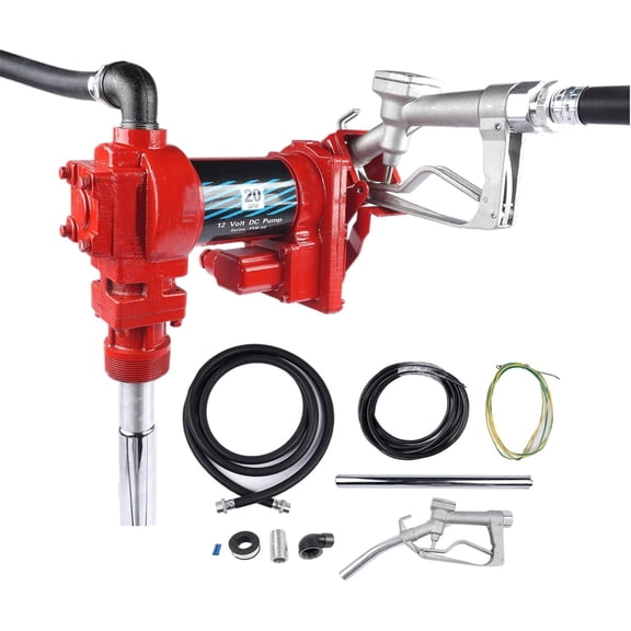 20GPM 12V High-Flow Red Fuel Transfer Pump with Discharge Hose & Manual Nozzle for Transfer of Gasoline Diesel Kerosene Ethanol & Methanol Blends & Biodiesel - Cast Iron Heavy Duty Pump