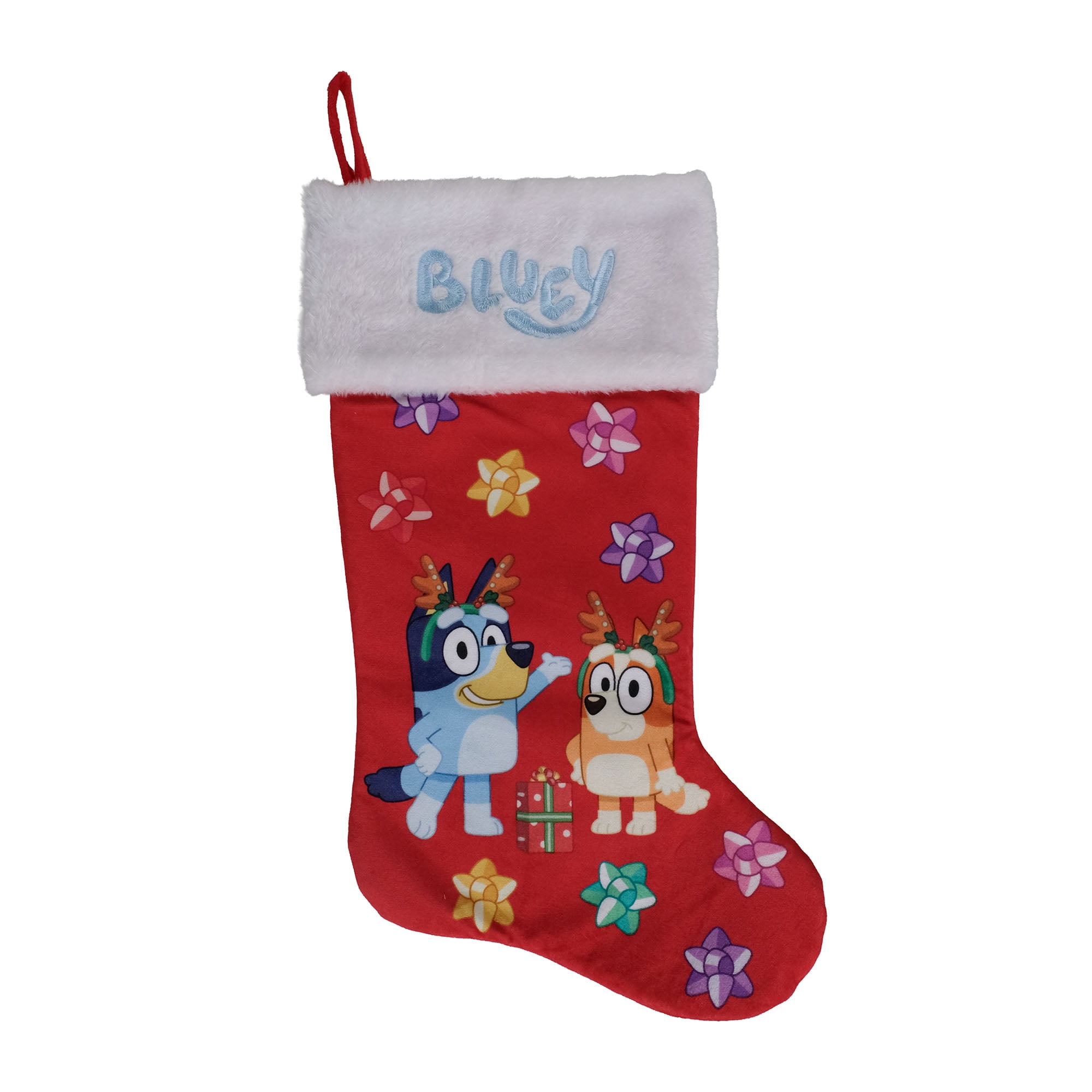 Bluey Velvet Christmas Stocking with Reindeer Antlers for Kids, 20 inch