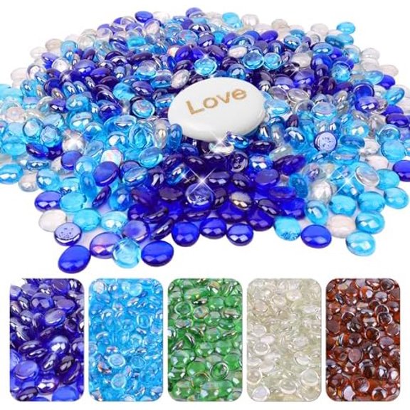 20Ib Fire Glass Beads for Fire Pit - 0.6"- 0.7" Firepit Glass Rocks for Natural,Propane or Gas Fireplace, Decorative Flat Glass Marbles for Vase, Aquarium, Home Decor (BlueMixed)$$Garden & Patio
